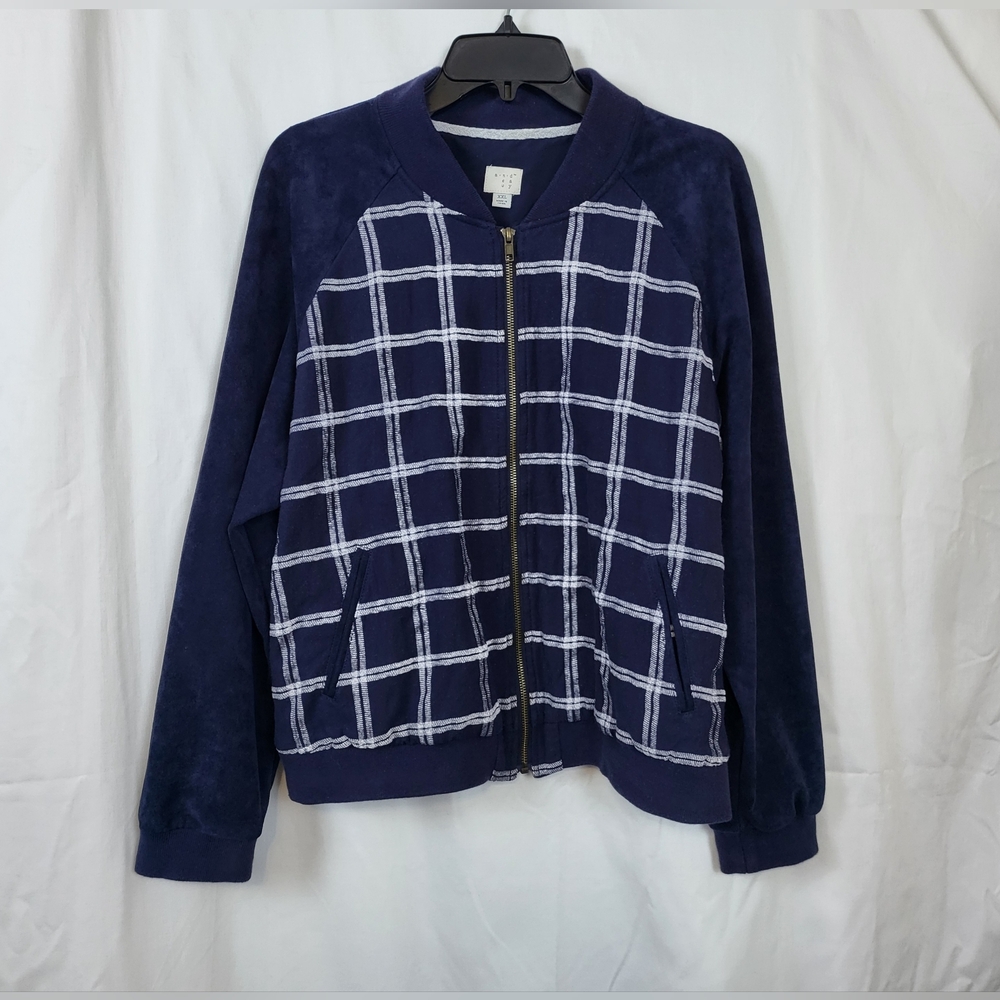 A New Day Women Navy Blue White Windowpane Suede Sleeve Zip Up Bomber Jacket XXL